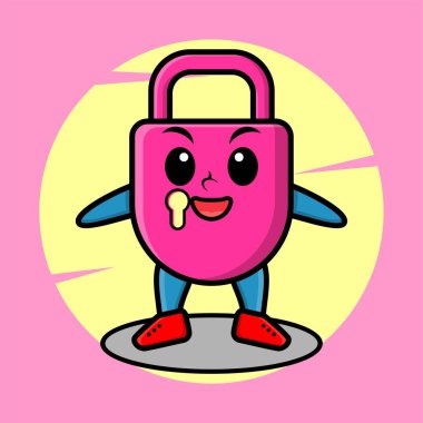 Tişört, etiket, logo ögesi, poster için modern tarz tasarımında mutlu ifadeli şirin çizgi film kilit karakteri