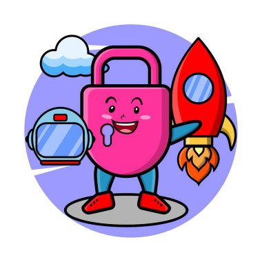 Şirin maskot çizgi film karakteri. Roket, miğfer ve bulutla astronot gibi kilitlen. Tişört, çıkartma, logo unsuru ve poster için şirin bir tarzı var.