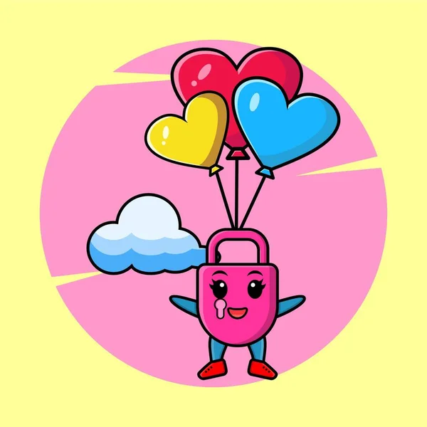 Cute Cartoon Lock Mascot Skydiving Balloon Happy Gesture Cute Modern — Stockvektor