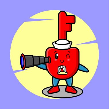 Şapkalı şirin maskot çizgi filmi Padlock anahtar denizci ve tişört, etiket, logo elementi için dürbün ve modern tarz tasarım kullanıyor.