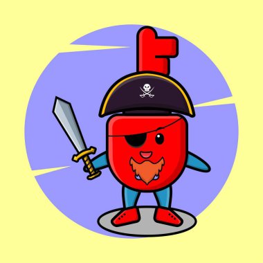 Şirin bir maskot karakteri. Şapkalı ve kılıç tutan kilit kilit korsanı. Tişört, çıkartma, logo elementi için modern tasarım.