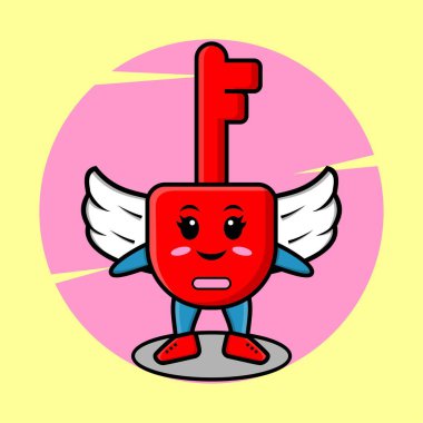 Tişört, etiket, logo, poster ögesi için modern tarz tasarımda kanat takan sevimli çizgi film kilit karakteri