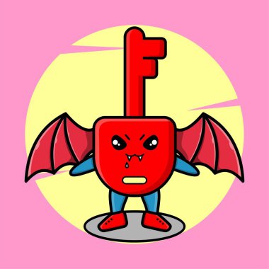 Şirin maskot çizgi filmi Padlock anahtar karakter Dracula olarak sevimli modern tarzda kanatları olan tişört, etiket, logo unsuru, poster elemanı