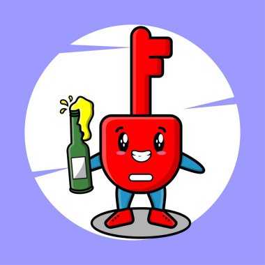 Tişört, etiket, çıkartma, logo unsuru için modern şirin tasarım tarzında gazoz şişesi olan şirin çizgi film karakteri Padlock anahtarı.