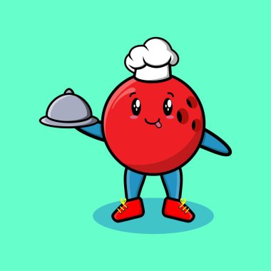 Tişört, çıkartma, logo elementi için tatlı tasarım tepsisinde yemek servisi yapan sevimli çizgi film şefi maskot karakter.