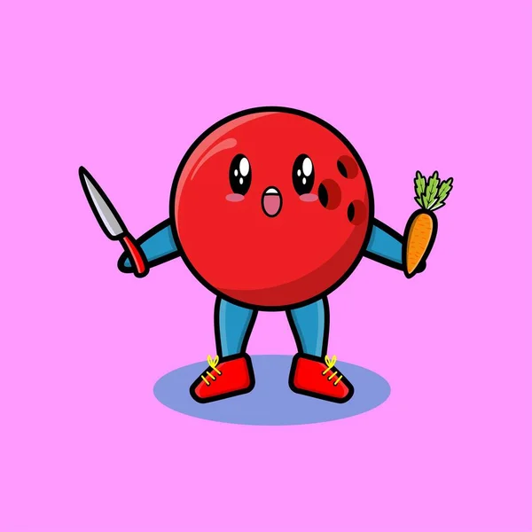 Lindo Personaje Mascota Dibujos Animados Bola Bolos Cuchillo Zanahoria Diseño — Archivo Imágenes Vectoriales