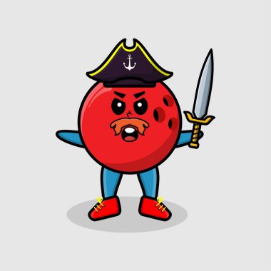 Hoş bir maskot karakteri. Şapkalı ve kılıç tutan bir korsan. Tişört, çıkartma, logo elementi için modern tasarım.