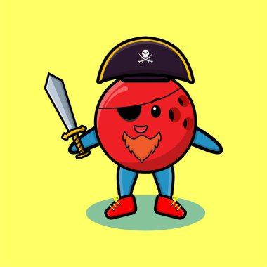 Hoş bir maskot karakteri. Şapkalı ve kılıç tutan bir korsan. Tişört, çıkartma, logo elementi için modern tasarım.