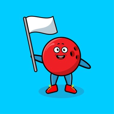 Tişört, çıkartma, logo elementi için modern tasarımda beyaz bayraklı şirin bowling topu maskotu karakteri