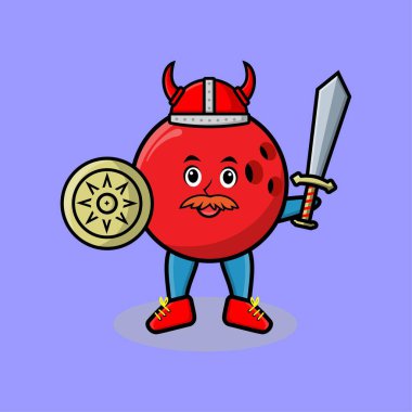 Şirin çizgi film karakteri Bowling topu Viking korsanı. Şapkası, kılıcı ve kalkanı var. Tişört, çıkartma, logo unsuru ve poster için modern tarzda tasarlanmış.