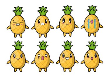 Kawaii ananas çizgi filmini çizgi film yüz vektör çizimlerinin farklı ifadelerine ayarla. Sevimli, komik, kızgın, mutlu, gülen gözlü komik yüzler. Karakter tasarımı için duygu kavramı