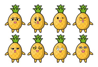Kawaii ananas çizgi filmini çizgi film yüz vektör çizimlerinin farklı ifadelerine ayarla. Sevimli, komik, kızgın, mutlu, gülen gözlü komik yüzler. Karakter tasarımı için duygu kavramı