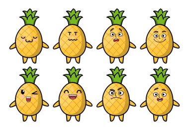 Kawaii ananas çizgi filmini çizgi film yüz vektör çizimlerinin farklı ifadelerine ayarla. Sevimli, komik, kızgın, mutlu, gülen gözlü komik yüzler. Karakter tasarımı için duygu kavramı