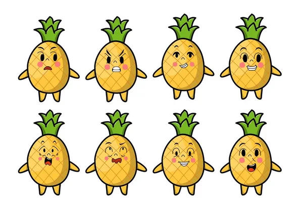 Set Kawaii Pineapple Cartoon Different Expressions Cartoon Face Vector Illustrations — Stock Vector