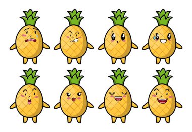 Kawaii ananas çizgi filmini çizgi film yüz vektör çizimlerinin farklı ifadelerine ayarla. Sevimli, komik, kızgın, mutlu, gülen gözlü komik yüzler. Karakter tasarımı için duygu kavramı