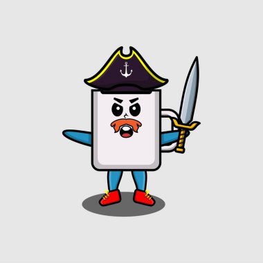 Şirin bir maskot karakteri kahve fincanı korsanı. Şapkalı ve kılıç tutan modern tasarım tişört, çıkartma, logo elementi.