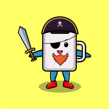 Şirin bir maskot karakteri kahve fincanı korsanı. Şapkalı ve kılıç tutan modern tasarım tişört, çıkartma, logo elementi.