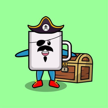 Şirin bir çizgi film karakteri. Tişört, etiket elementleri için modern tarzda tasarlanmış hazine kutusu olan kahve fincanı korsanı.