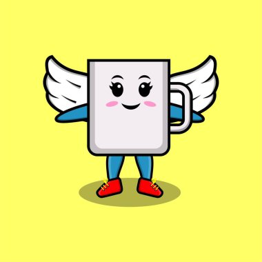 Tişört, çıkartma, logo unsuru ve poster için modern tarz tasarım kanatları takan sevimli bir çizgi film karakteri.