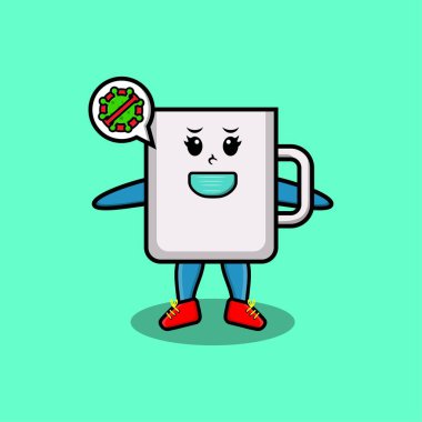 Tişört, etiket, logo, poster ögesi gibi modern tarzda tasarlanmış şirin Corona virüsünü önlemek için maske kullanan sevimli bir maskot çizimi resimli kahve fincanı.