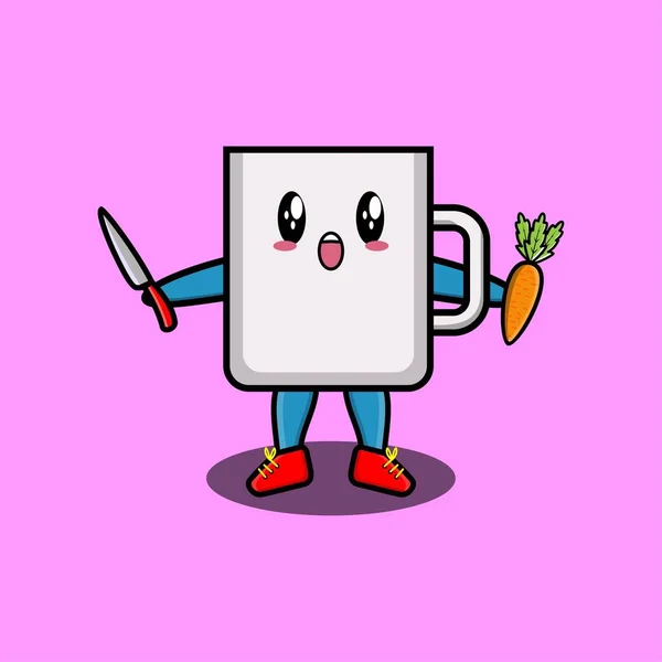 Lindo Personaje Mascota Dibujos Animados Taza Café Cuchillo Zanahoria Diseño — Vector de stock