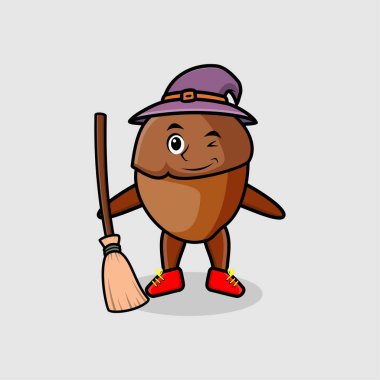 Şirin çizgi film cadısı şapka ve süpürge saplı meşe palamudu maskotu tişört, etiket ve logo elementleri için modern moda tasarım.