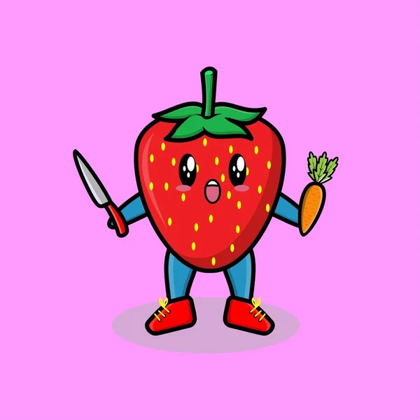 Carino Personaggio Della Mascotte Del Fumetto Fragola Tenendo Coltello Carota — Vettoriale Stock