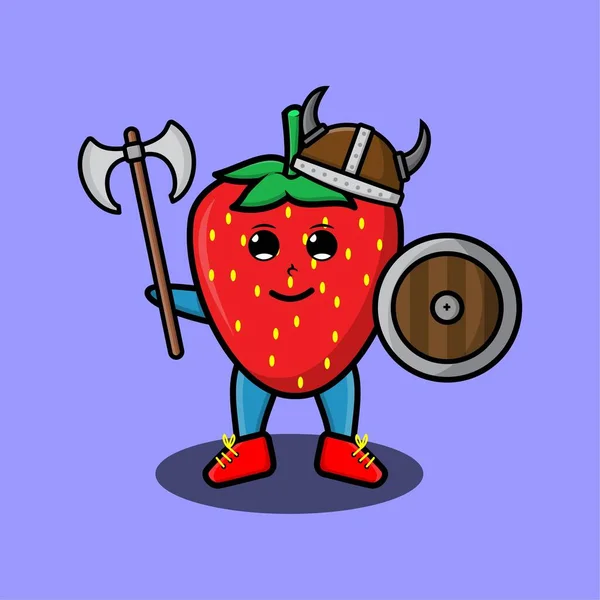 Cute Postać Kreskówek Strawberry Viking Pirat Kapeluszem Trzymając Topór Tarczę — Wektor stockowy