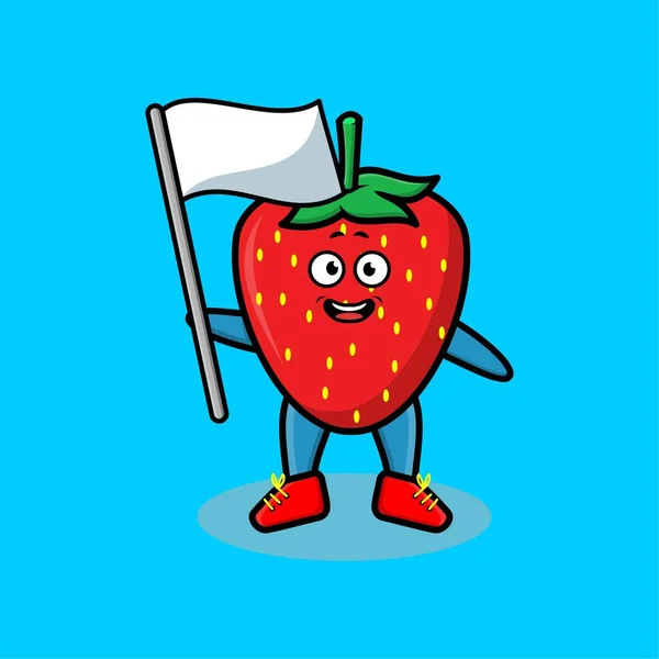 Carino Personaggio Della Mascotte Della Fragola Del Fumetto Con Bandiera — Vettoriale Stock