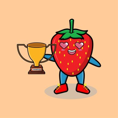 Çileğin şirin çizgi film karakteri tasviri altın kupayı mutlu bir jest ile kaldırıyor. Tişört, çıkartma, logo elementi için sevimli modern tarz tasarım.