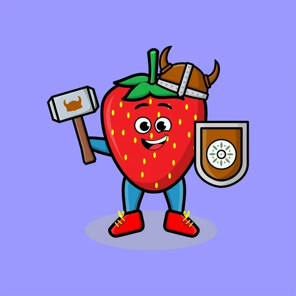 Strawberry 캐릭터는 모자로 검색하고 티셔츠 스티커 포스터를 귀여운 스타일의 망치와 — 스톡 벡터