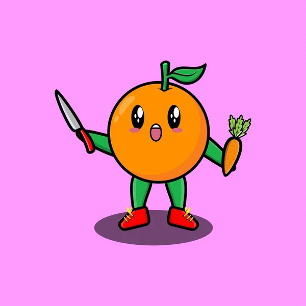 Linda Mascota Dibujos Animados Carácter Naranja Celebración Cuchillo Zanahoria Diseño — Vector de stock