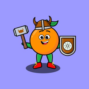 Şirin çizgi film karakteri. Şapkalı, çekiçli ve kalkanlı turuncu Viking korsanı. Tişört, çıkartma, logo, poster elemanı için şirin bir tasarım.