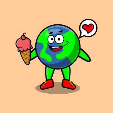 Elinde dondurma külahı tutan şirin bir dünya maskotu tişört, etiket, logo elementi için modern moda tasarım.