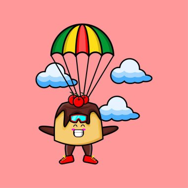 Şirin maskot çizgi filmi Pasta paraşüt ve mutlu bir jest ile paraşütle atlıyor.