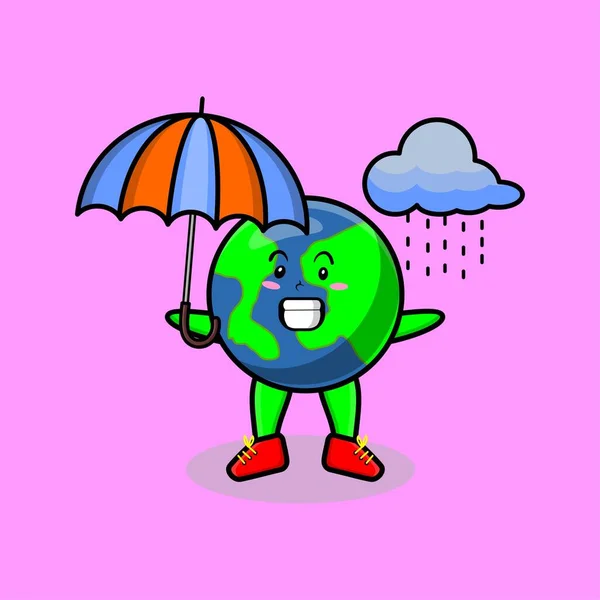 Mignon Personnage Terre Dessin Animé Sous Pluie Utilisant Parapluie Dans — Image vectorielle