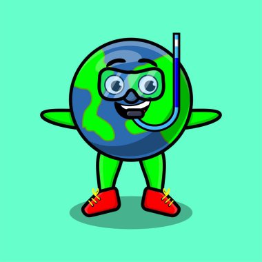 Yüzme camlı şirin bir karikatür dalgıcı. 3 boyutlu modern stil tasarımı.