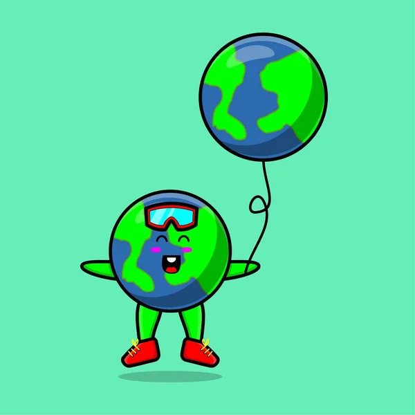 Bonito Cartoon Terra Flutuando Com Mundo Terra Balão Cartoon Vetor — Vetor de Stock