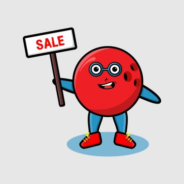 3 boyutlu çizgi film tarzında şirin bir bowling topu karakteri satış tabelaları tutuyor.