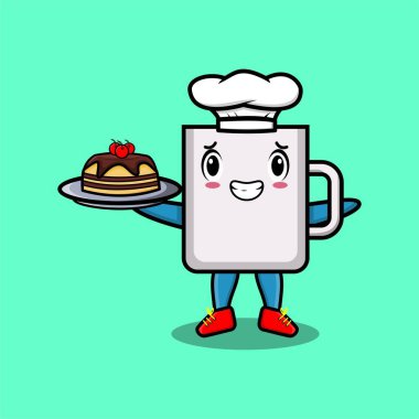 Sevimli karikatür şefi maskot karakteri tepside sevimli bir stil dizayn ederek 3 boyutlu karikatür tarzı pasta servis ediyor.