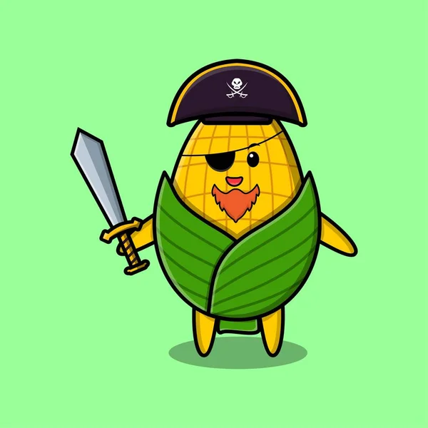 Lindo Personaje Mascota Dibujos Animados Pirata Maíz Con Sombrero Espada — Vector de stock
