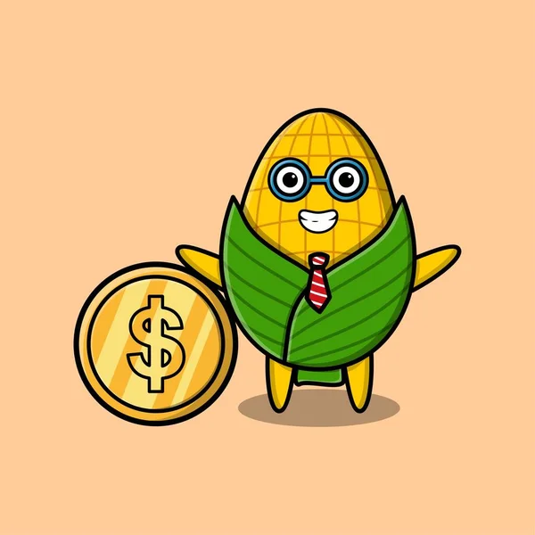 Maíz Exitoso Empresario Celebración Oro Moneda Dibujos Animados Imagen Vectorial — Vector de stock