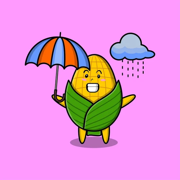 Cute Cartoon Corn Character Rain Using Umbrella Modern Style Design — Stock Vector