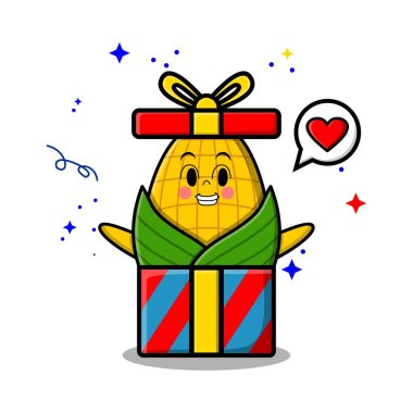 Büyük hediye kutusundan çıkan şirin çizgi film karakteri 3 boyutlu çizgi film tarzında çok mutlu görünüyor.