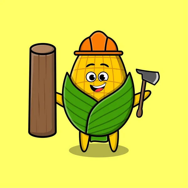 Lindo Maíz Dibujos Animados Como Personaje Carpintero Con Hacha Madera — Vector de stock