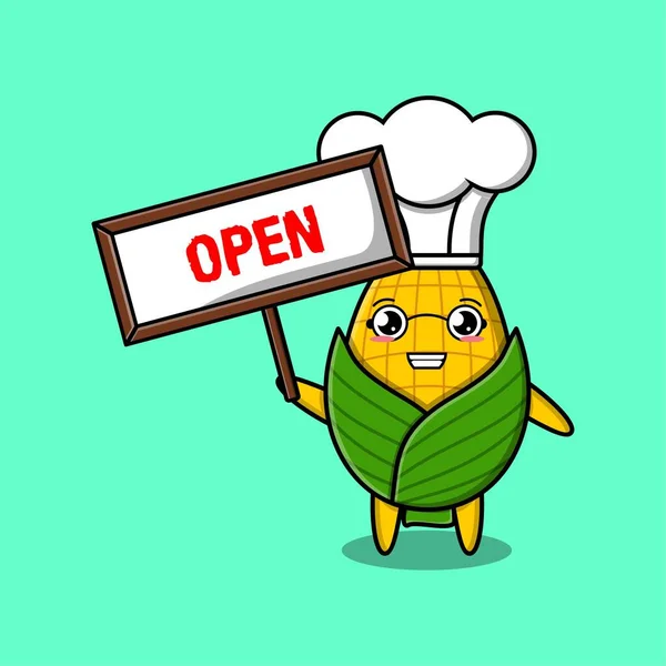 Cute Cartoon Corn Character Holding Open Sign Designs Concept Cartoon — Stock Vector