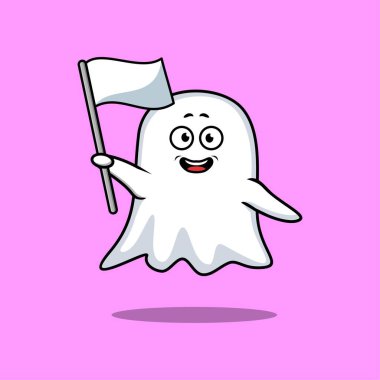 Modern tasarımda beyaz bayrağı olan sevimli bir hayalet maskot karakteri.