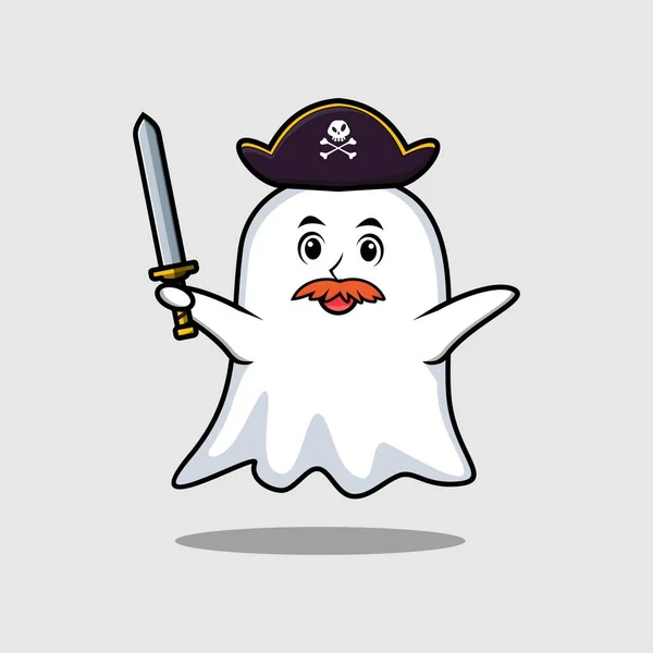 Cute Cartoon Mascot Character Ghost Pirate Hat Holding Sword Modern — Stock Vector