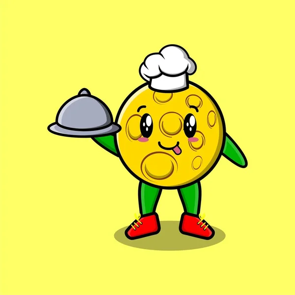 可爱的卡通厨师月亮吉祥物用托盘上的食物可爱的风格设计 — 图库矢量图片