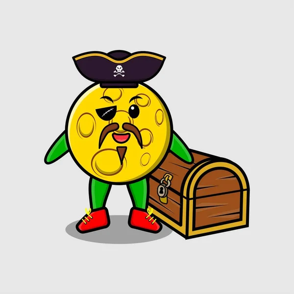 Mignon Personnage Dessin Animé Pirate Lune Avec Boîte Trésor Dans — Image vectorielle
